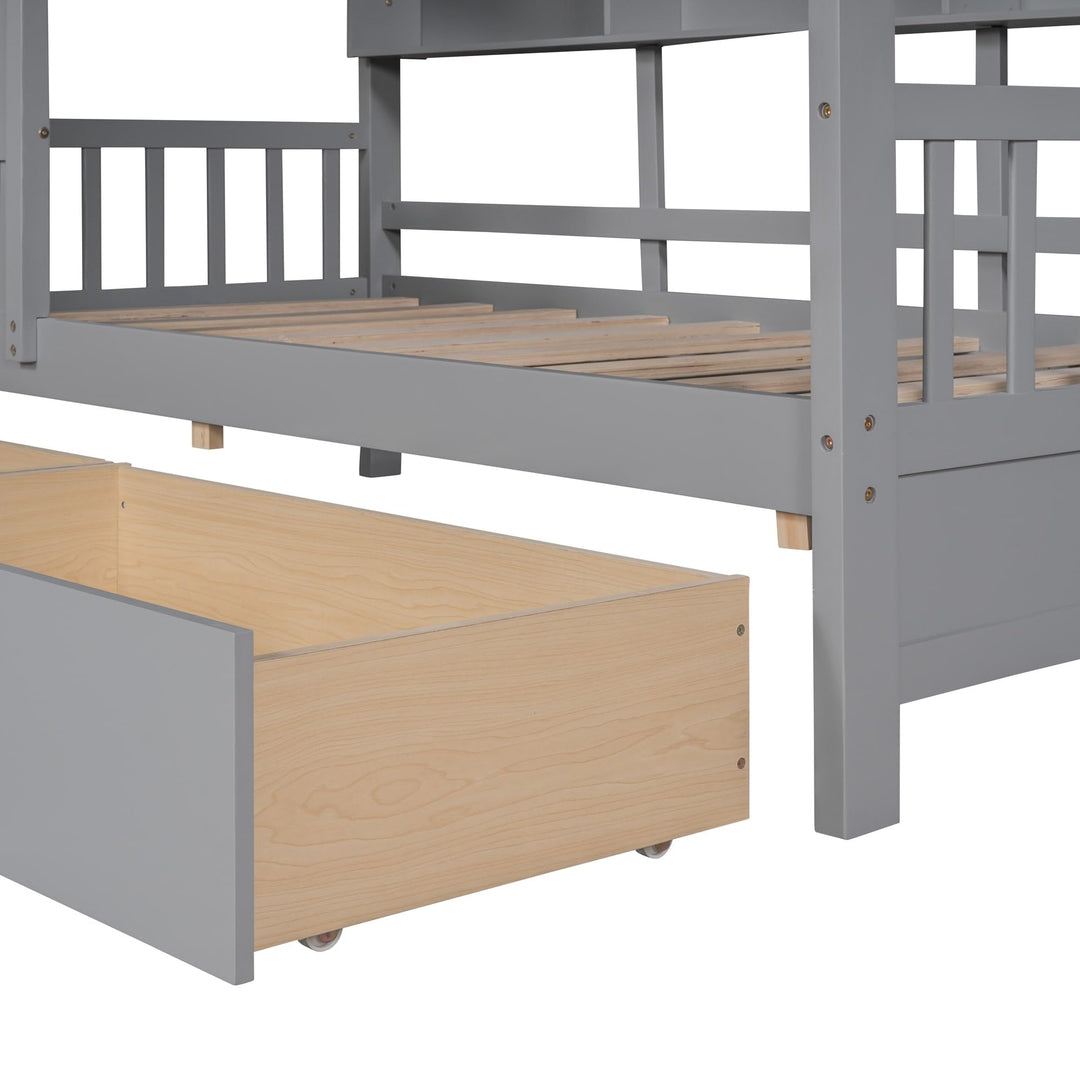 Wooden Twin Size House Bed with 2 Drawers Kids Storage Shelf Gray Grey