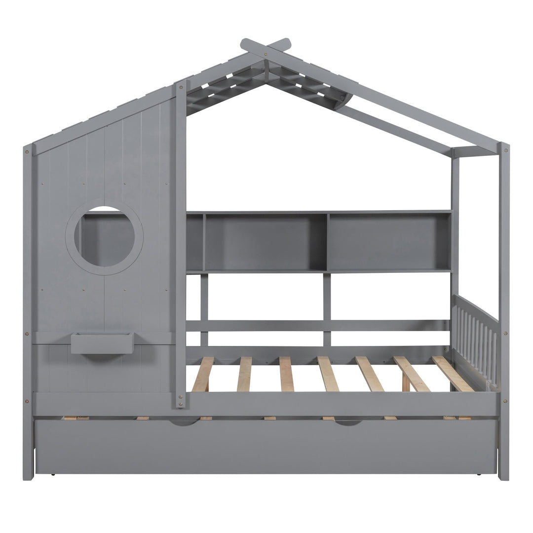 Full Size Wooden House Bed with Trundle and Storage for Kids Grey