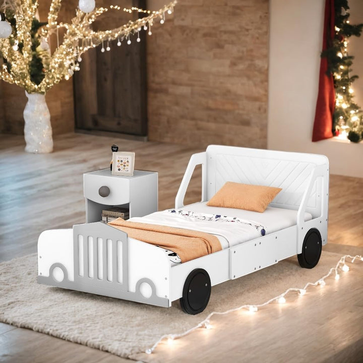 Twin Size Bed Kids Car White Mid-Century Modern Contemporary