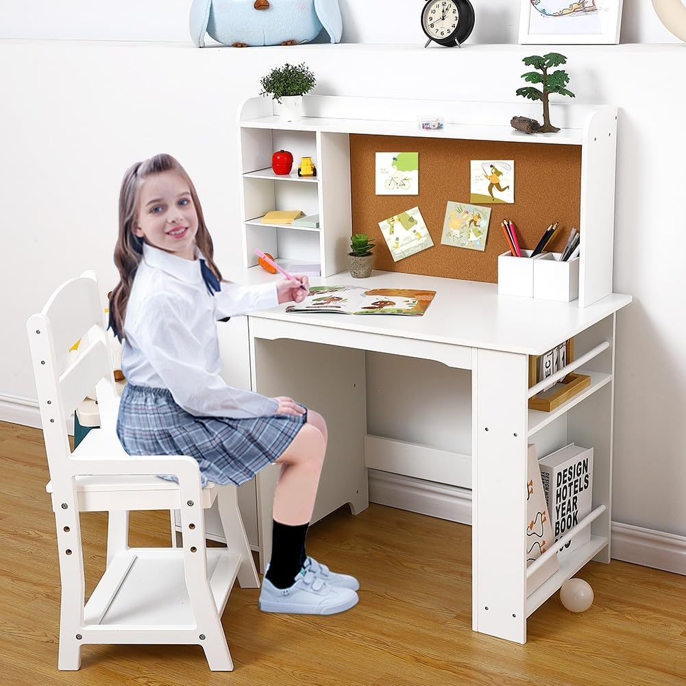 Wooden Study Desk and Chair for Kids Learning Table with Bookshelf