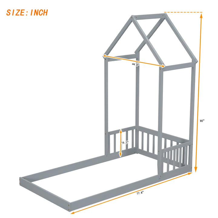 win Size Bed Kids House Frame Floor Wooden Grey Modern Contemporary