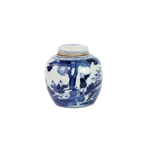 Blue and White Mini Jar Kids Playing Under Tree Porcelain