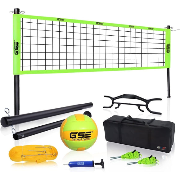 Professional Portable Volleyball Complete Set with Net Ball Pump Outdoor Backyard Beach Games Green