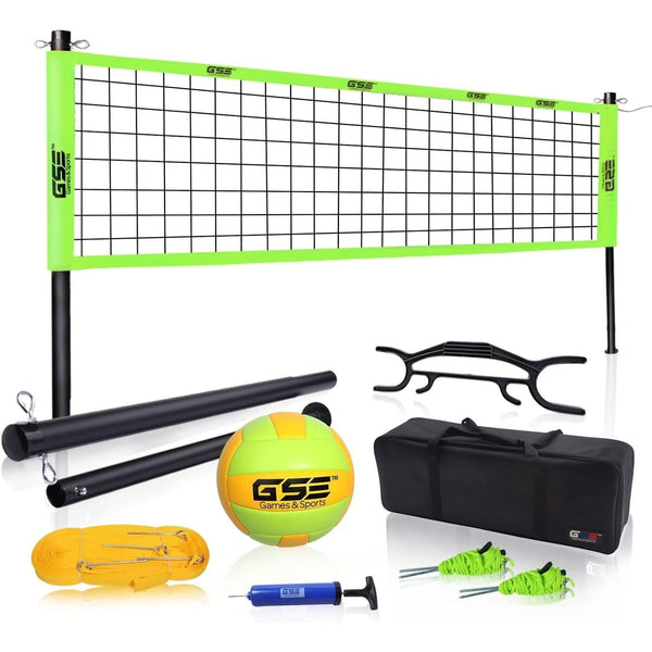 Professional Portable Volleyball Complete Set with Net Ball Pump Outdoor Backyard Beach Games Green