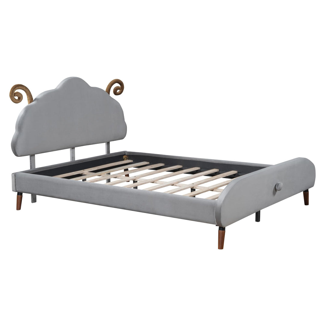 Full Size Velvet Upholstered Platform Bed with Sheep-Shaped