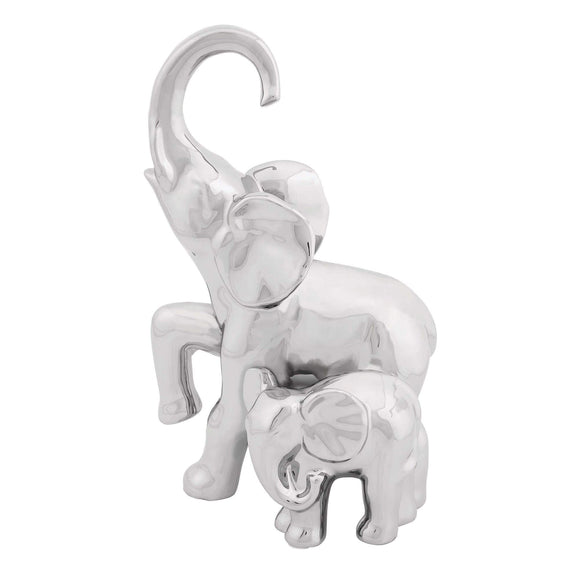 Ceramic Elephant with Baby Sculpture Silver