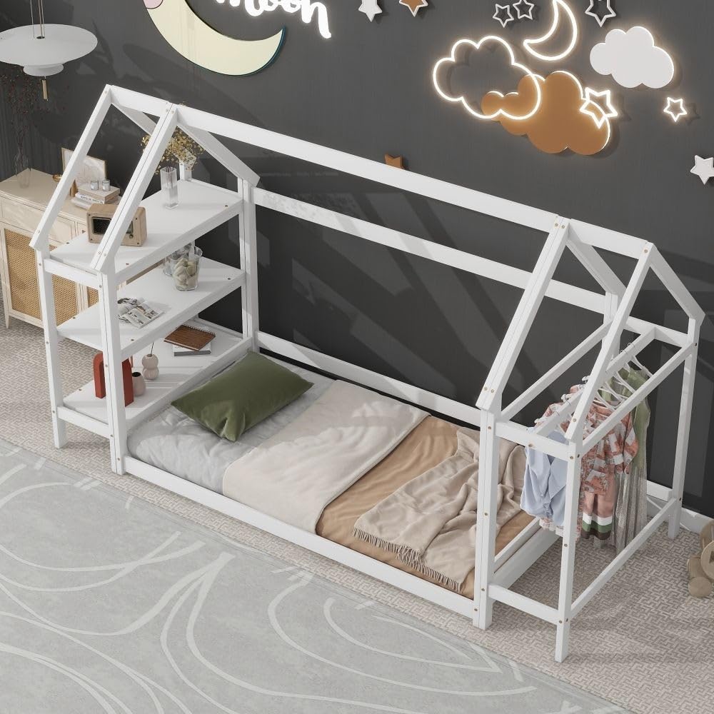 Twin Size Wood House Bed with Storage Shelf and Hanger Kids Bedroom