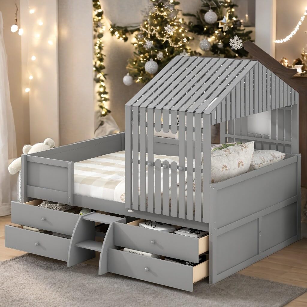 Full Size House Bed Kids with Four Drawers Grey Mid-Century Modern