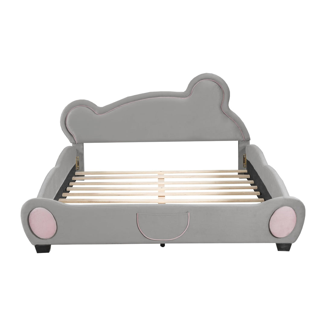 Queen Velvet Platform Bed Frame with Bear-Shaped Headboard Bed-end