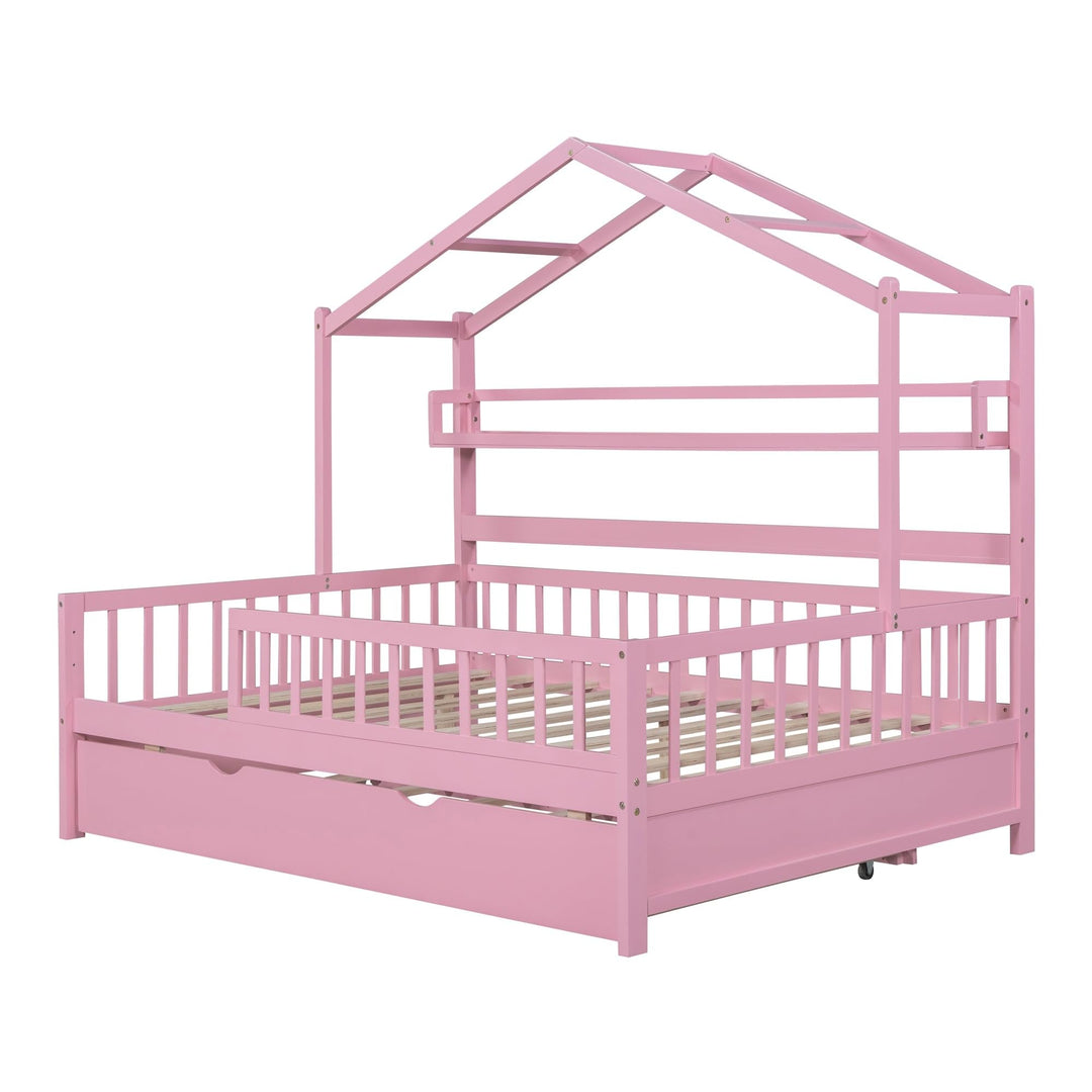 Full Size Wooden House Bed Kids with Twin Trundle and Shelf Pink