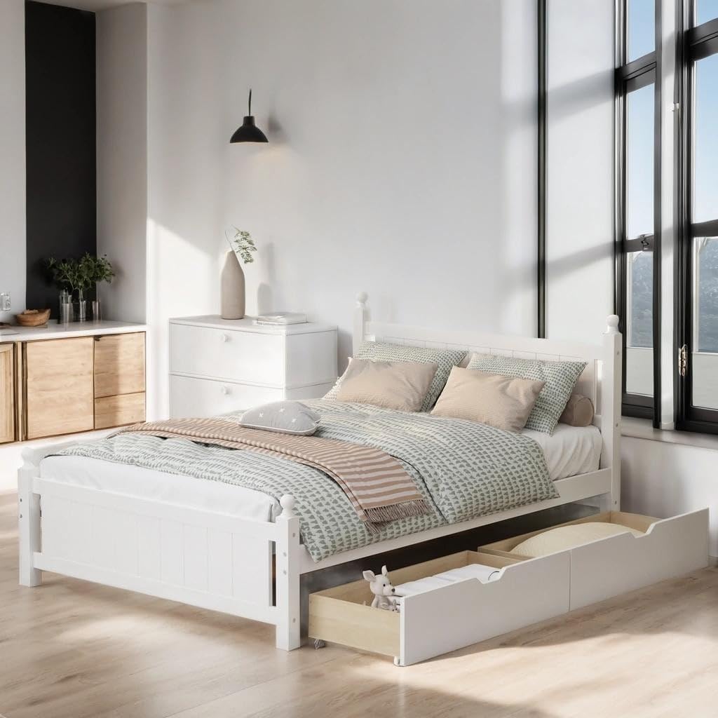 Queen Size Solid Wood Platform Bed Frame with Trundle for Kids Teens Adults White Mid-Century Modern