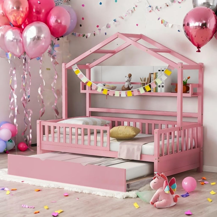 Twin Size Wooden House Bed Kids with Trundle and Shelf for Home Pink Modern Contemporary Wood