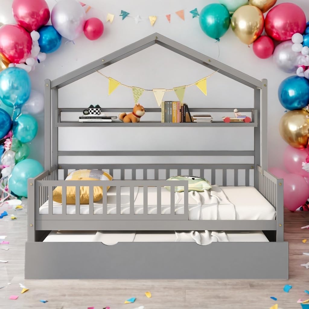 Modern Full Size House Bed Kids with Twin Trundle and Shelf Playhouse Design Grey Contemporary Wood