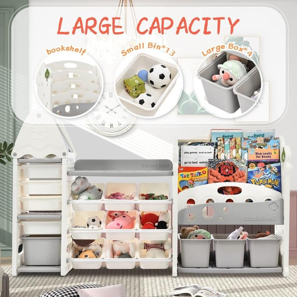 Kids Bookshelf Toy Storage Organizer with 17 Bins and 5 Bookshelves Multi-Functional Nursery Furniture Grey Modern Contemporary Polypropylene Handmade