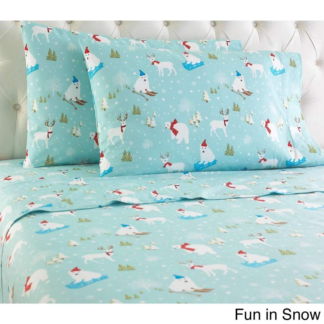 Girls Baby Blue Fun in-Snow Sheet Full Set, Red Green Color Snowflake Pine Tree Sledge Beer Pattern Kids Bedding for Bedroom, Modern Classic Winter Holiday Themed Teen, Flannel