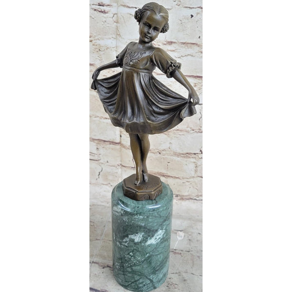 Ballerina Girl Ballet Dancer Child Bronze Sculpture Statue Figure On Green Marble Base Brown Finish Handmade