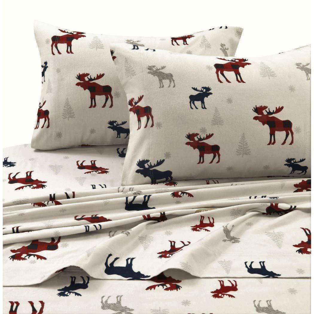 Girls Plaid Moose Off White Red Blue Sheet Twin Set, Multi Color Novelty Elk Buck Printed Kids Bedding Teen Bedroom, Traditional Contemporary Christmas Winter Snowflakes, Cotton Flannel