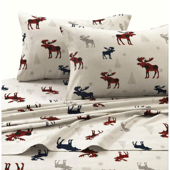 Girls Plaid Moose Off White Red Blue Sheet Queen Set, Multi Color Novelty Elk Buck Printed Kids Bedding Teen Bedroom, Traditional Contemporary Christmas Winter Snowflakes, Cotton Flannel