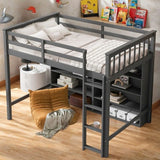 Wooden Twin Size Kids Loft Bed Frame with 8-Storage Shelves and Ladder