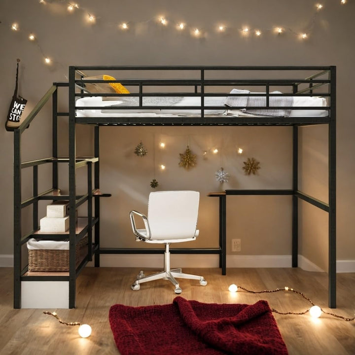 Full Size Loft Bed with Desk Heavy Duty Metal Shelves Frame for Kids