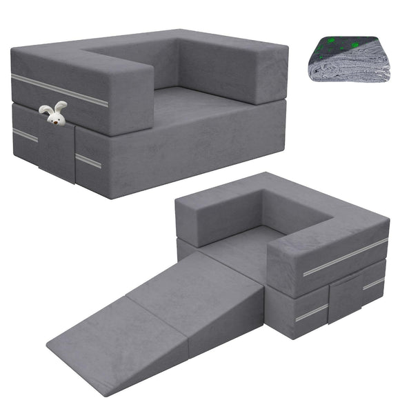 Toddler Couch with Blanket 3-in-1 Kids Couches and Sofas Fold Out Convertible Sofa to Playful Slide Extra Grey Modern Contemporary Foam