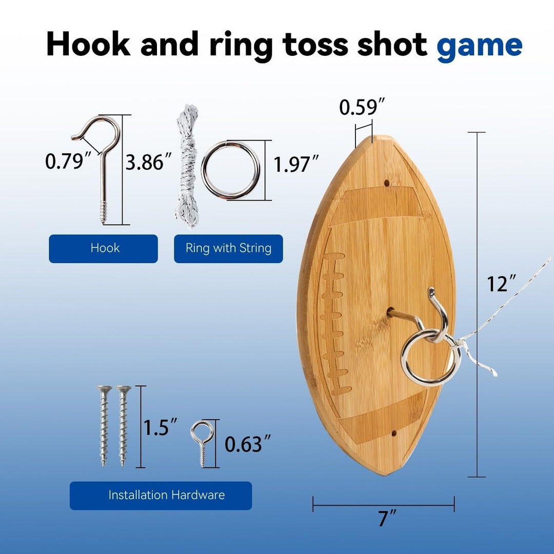 Football Hook and Ring Toss Game Set. Natural Bamboo Wall Mount for