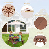 Outdoor 4-seat Kid's Picnic Table Bench with Umbrella Brown Industrial