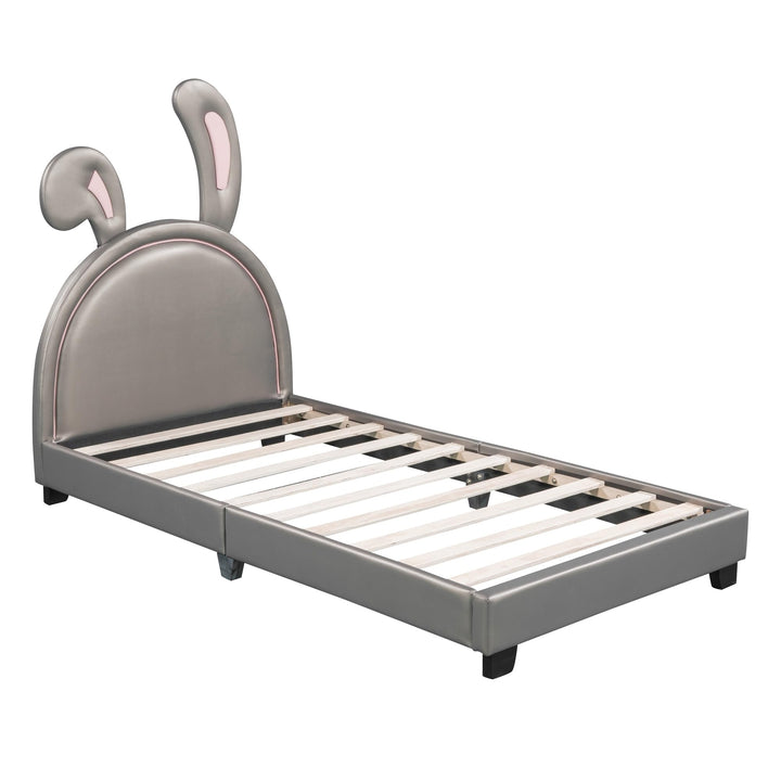 Rabbit Design Twin Size Upholstered Leather Platform Bed Kids Grey