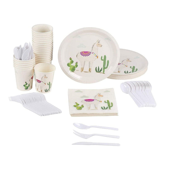 24 Set Dinnerware Birthday Party Supplies Girls Boho Themed Llama Cactus Pattern White Animal Casual Round Piece