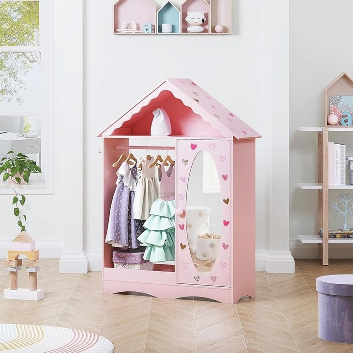 Kids Dress Up Storage with Mirror Armoire for Little Girls Pink Casual