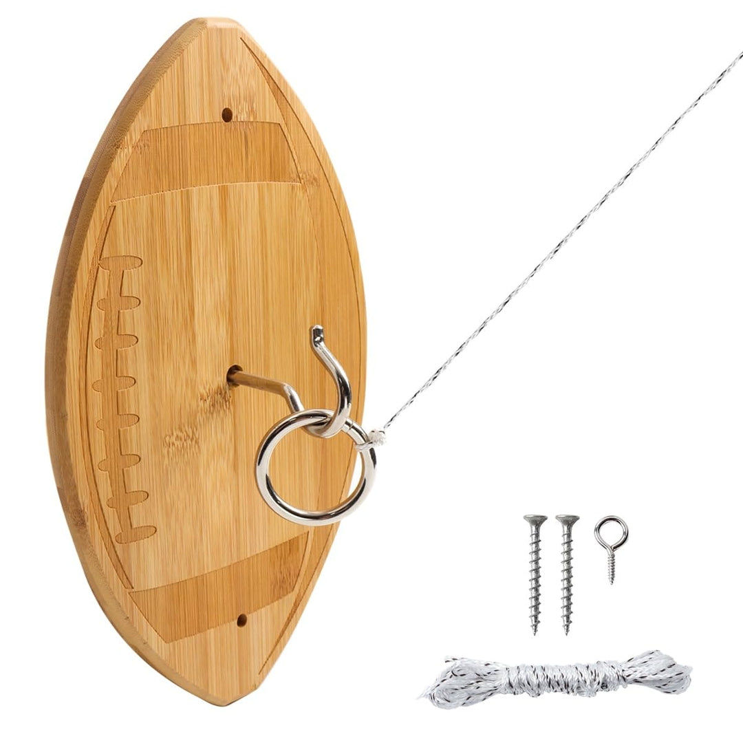 Football Hook and Ring Toss Game Set. Natural Bamboo Wall Mount for Outdoor/Indoor