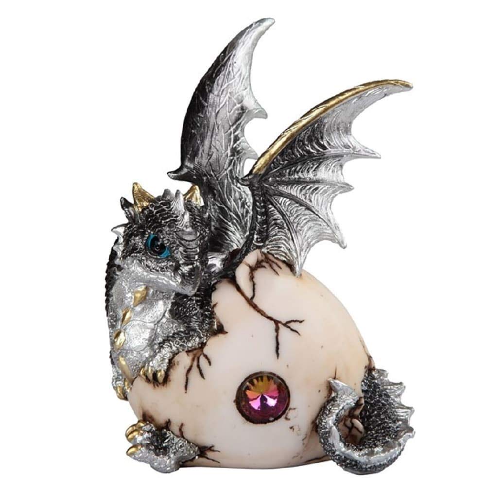 6" h Silver Baby Dragon in Egg Fantasy Decoration Figurine Polyresin