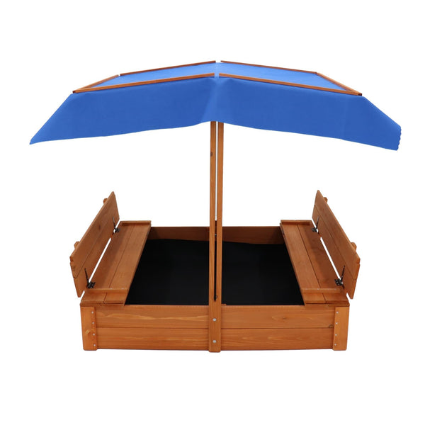 Wood Sandbox with Cover and 2 Bench Seats Sand Boxes (Natural Wood) Blue Brown Umbrella/Canopy