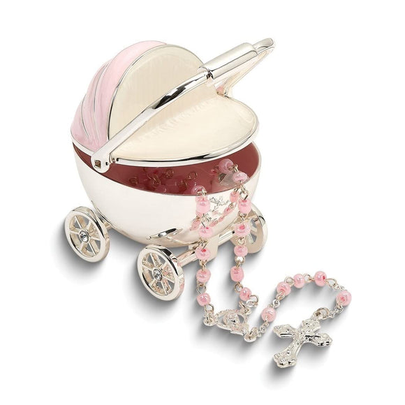 Silver-Tone Pink Enameled Baby Carriage Keepsake Box and Rosary Set Traditional Metal Stainless Steel Finish