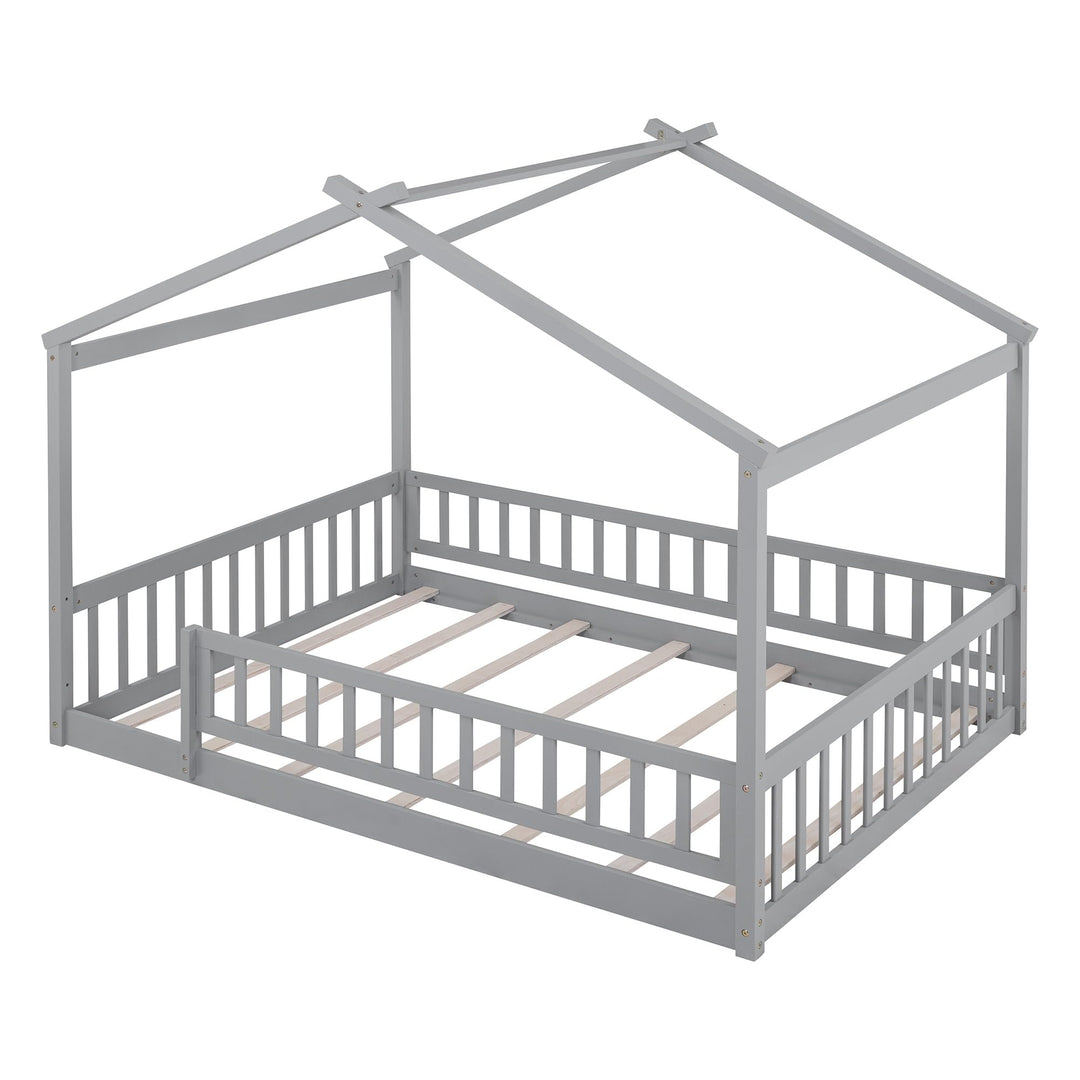 Full Size Wood Bed House Frame with Fence for Kids Teens Girls Boys