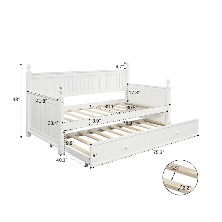 Elegant Design Twin Size Daybed Wood Bed Kids with Trundle White