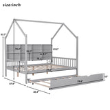 Wooden Full Size House Bed with 2 Drawers Kids Storage Shelf Gray Grey