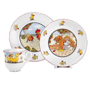 The Farm Porcelain Kids Dinnerware Set of 3 Multi Color Round 4 Piece Dishwasher Safe Microwave