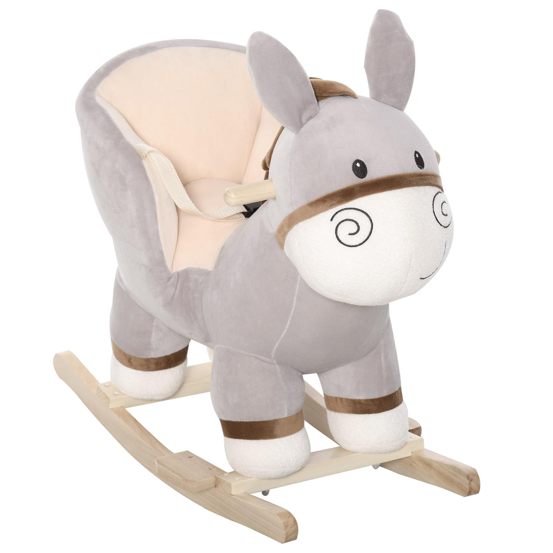 Kids Plush Ride-on Rocking Horse with Bear Toy Children Chair Soft Fun Realistic Sounds Grey Velvet Childproof Closure