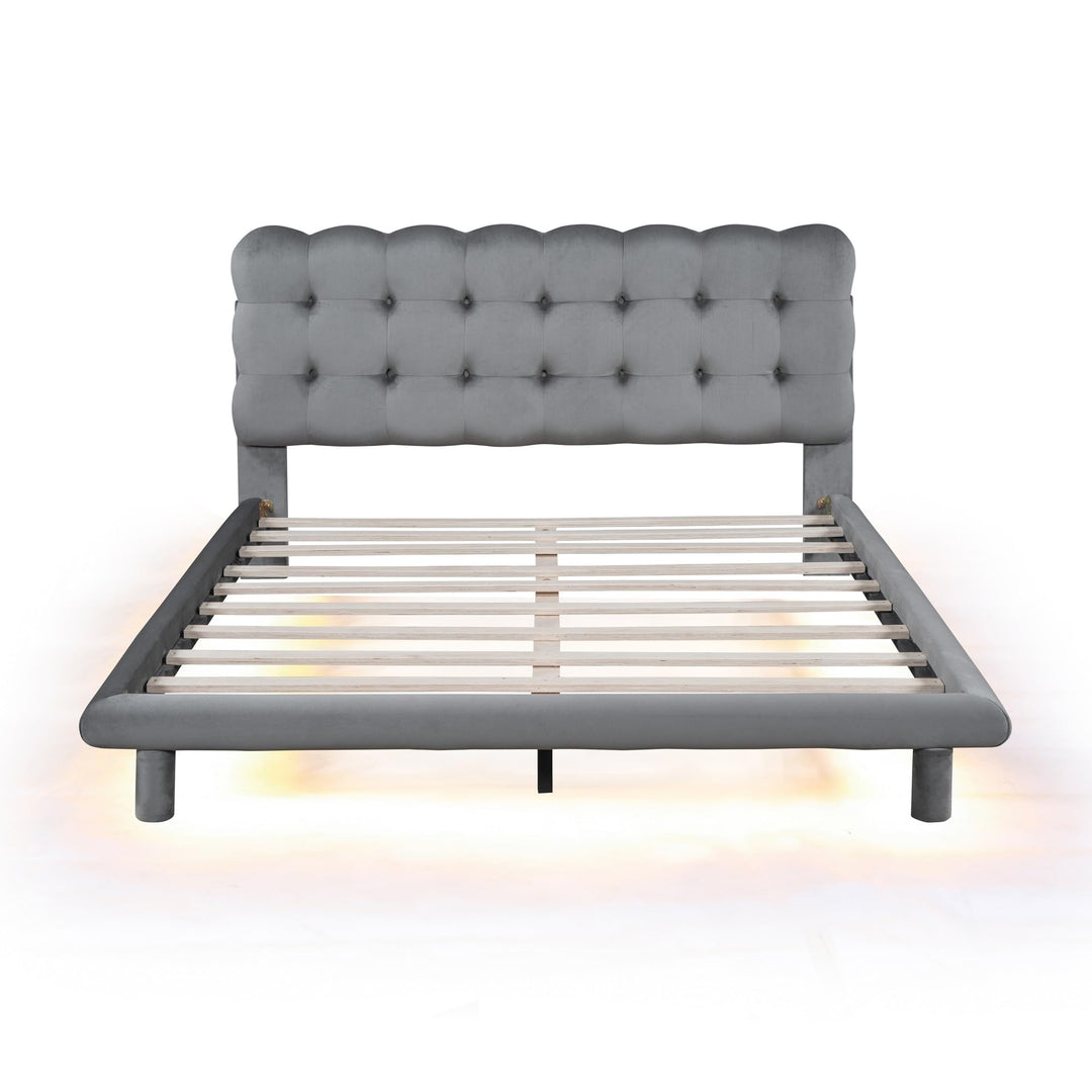 Queen Velvet Platform Bed with Led Frame Button-Tufted Design