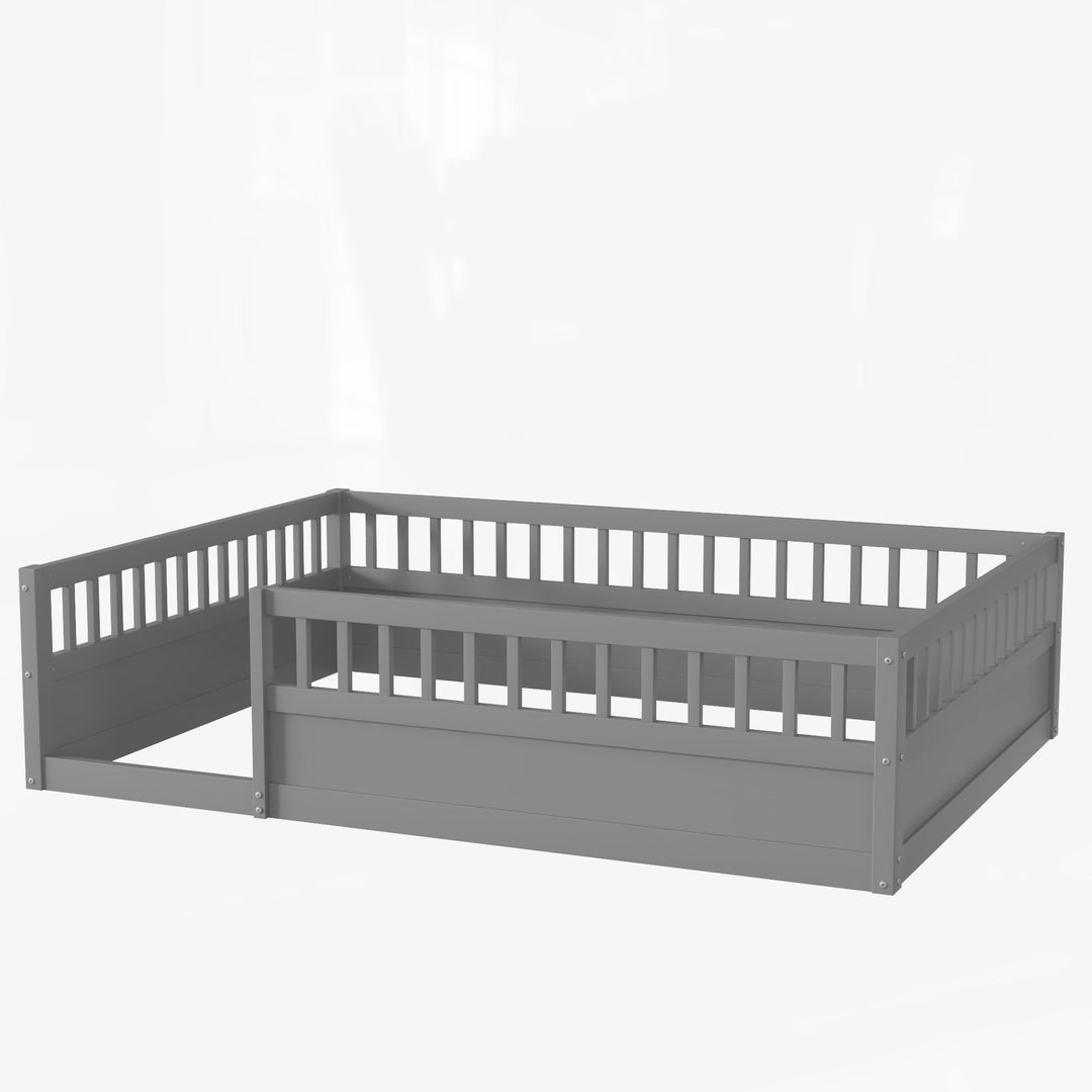 Full Size Wood Kids Floor Beds Frame with Fence and High Guardrails