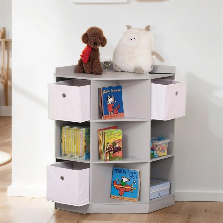 Kids Corner Cabinet Toy Storage Organizer Bookshelf Unit W/ 3 Baskets Grey Modern Contemporary MDF