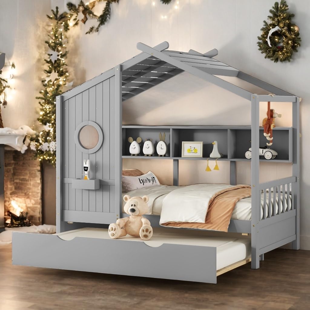 Wooden Twin Size House Bed with Trundle Modern Design for Kids with Storage Grey Contemporary Traditional Wood