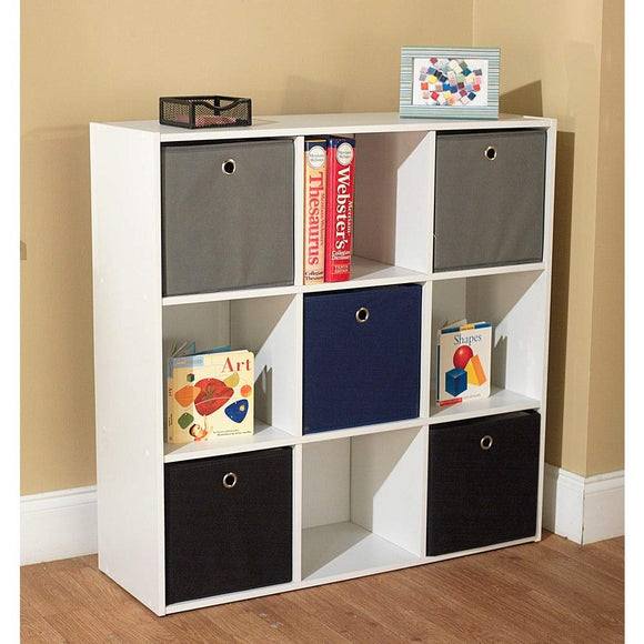 Jolie' White Bookcase with Five Fabric Colorful Store Books, Toys Bins - Blue Black Grey by Simple Living