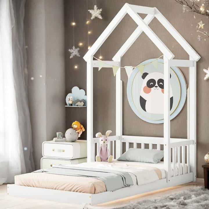 Twin Size Bed Kids House Frame Floor Wooden White Modern Contemporary Traditional Wood