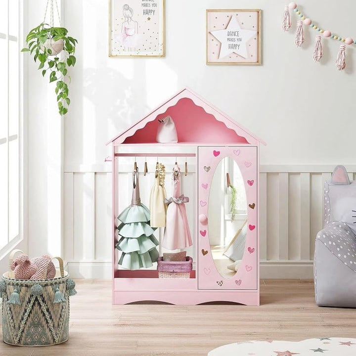 Kids Dress Up Storage with Mirror Armoire for Little Girls Pink Casual Wood