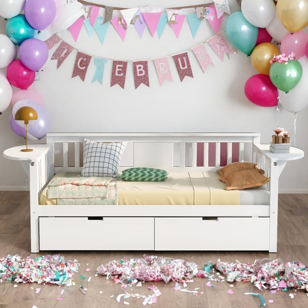 Elegant Design Twin Size Daybed Wood Bed Kids with Two Drawers White Mid-Century Modern Contemporary