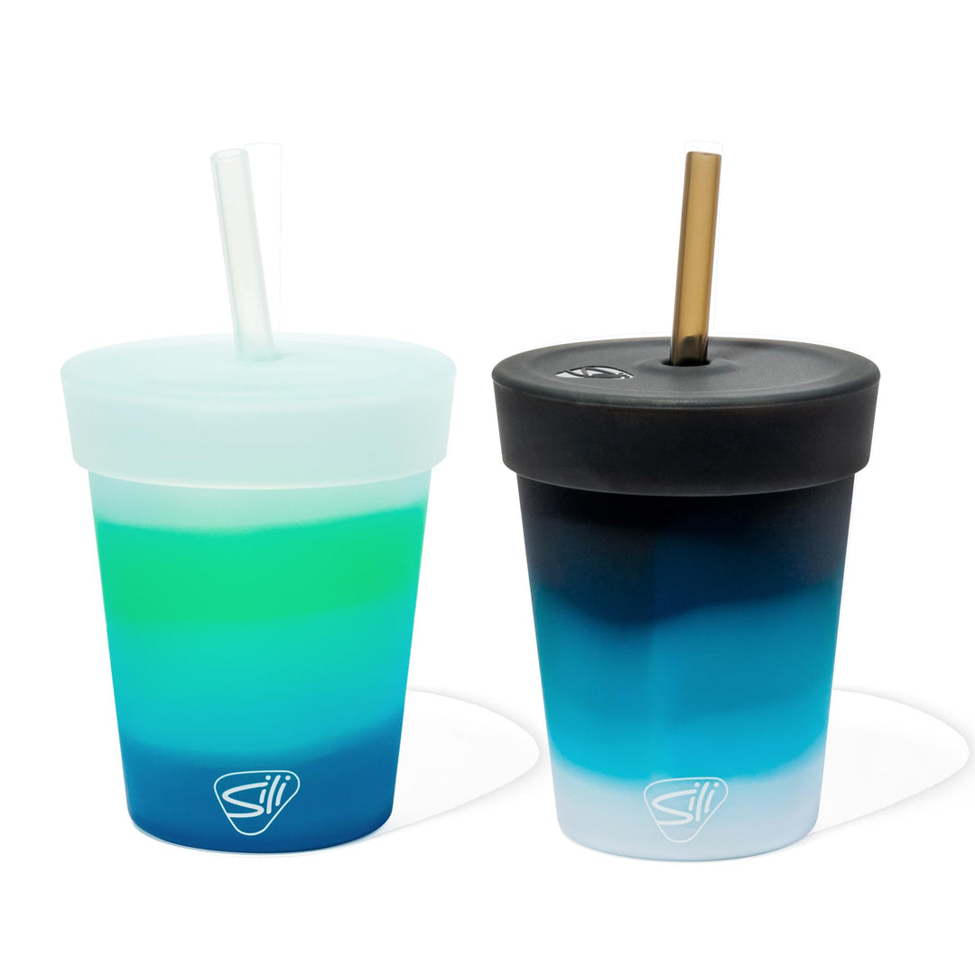 Silipint: Silicone Kids 8oz Straw Tumblers: 2 Pack - Moon Beam & Mountain Air -Unbreakable Cups, Sustainable, Airtight Lid, Flexible