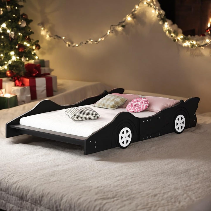 Design Full Size Car-Shaped Platform Bed Kids Black Mid-Century Modern