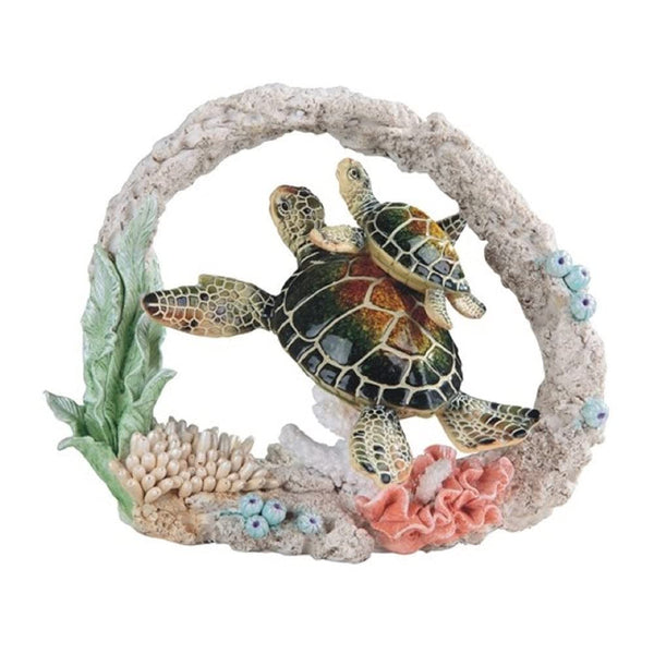 9.5" w Green Sea Turtle with Baby Swimming Around Coral Statue Marine Life Decoration Figurine Multi Color Polyresin